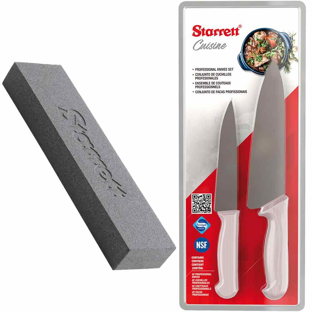 Kit com 2 Facas para Cozinha e Pedra de Afiar Faca 120/320 Dupla Face  Starrett - J Nakao